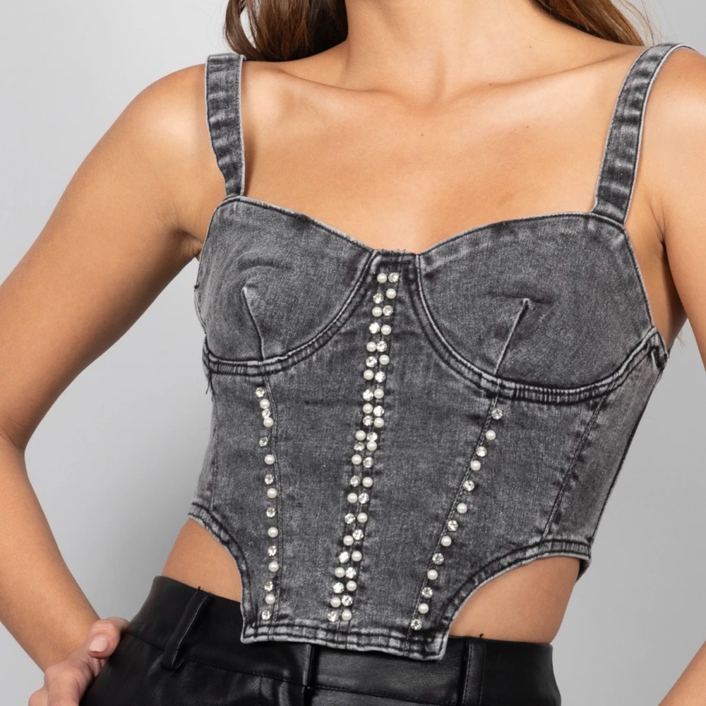 Signature8 Women’s Black Stone Washed Denim Corset Top. Size M. SKU 574